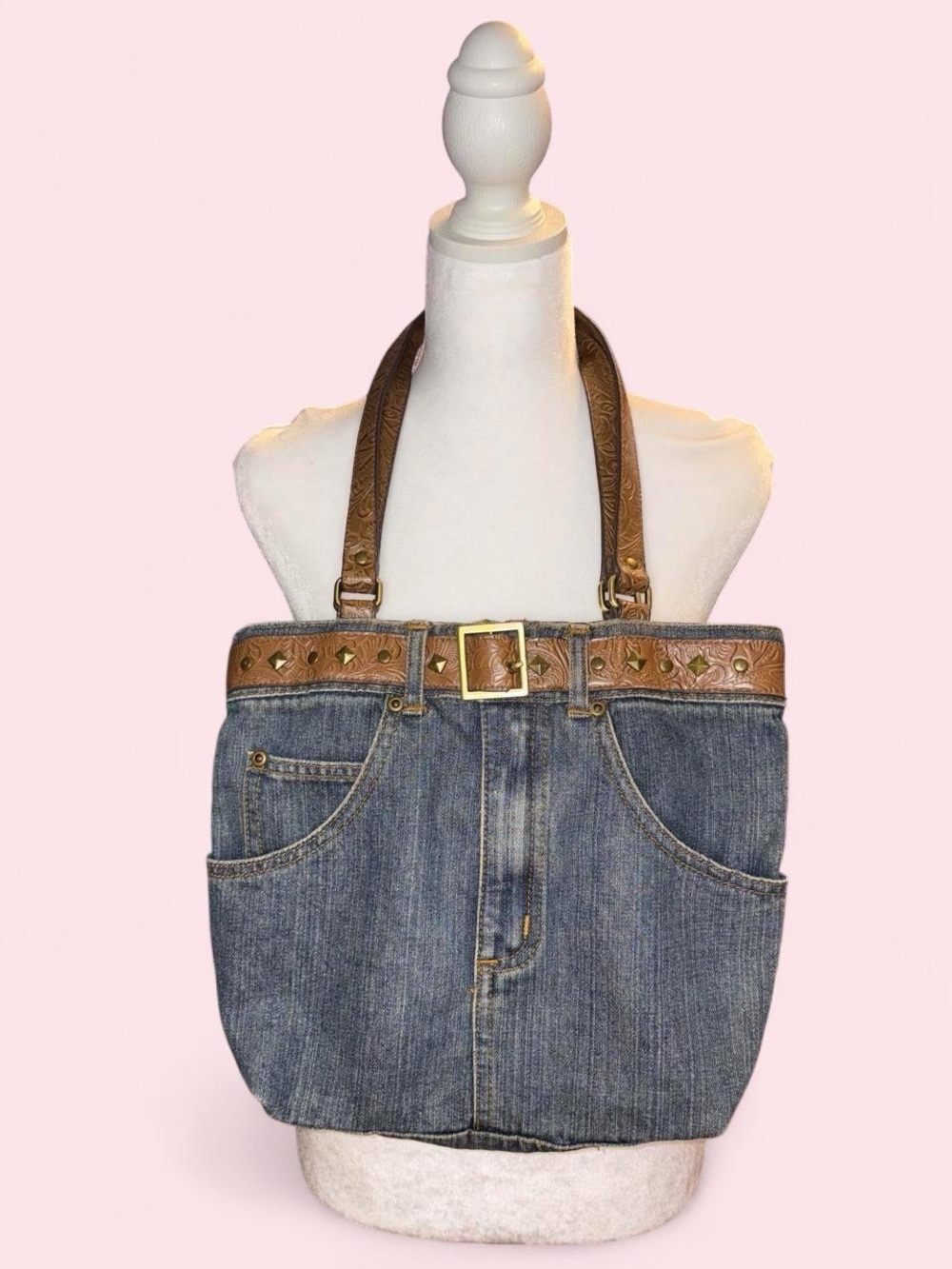 Denim Tote Bag with Brown Embossed Leather Trim